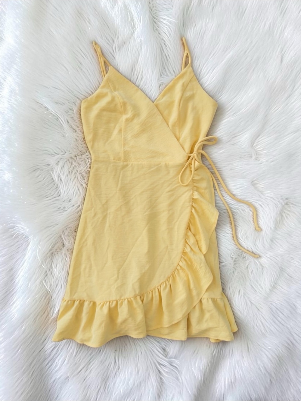 ✨Altar’d State✨ Lemon Yellow Ruffle Wrap Mini Dress✨